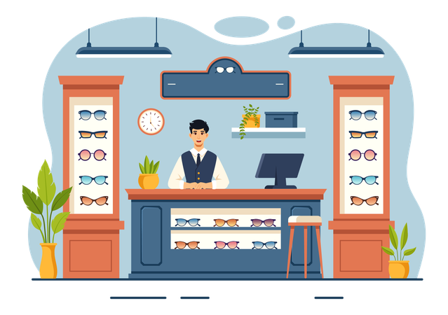 眼鏡店のレジカウンターに立っている男性  イラスト