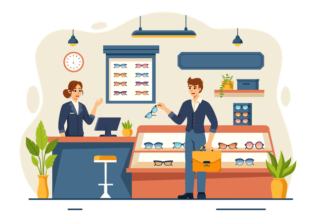 男性が店で新しい眼鏡を購入する  イラスト