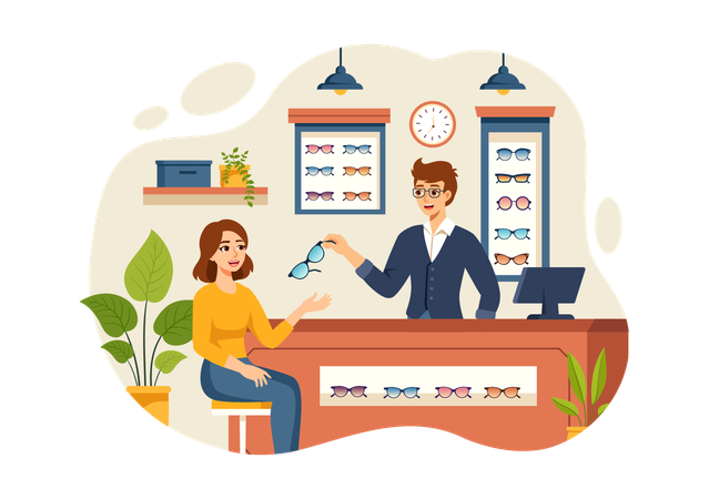 女性が店で眼鏡を買いに行く  イラスト