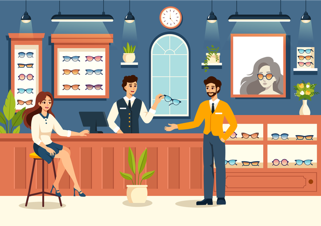 男性が顧客にゴーグルを見せる  イラスト