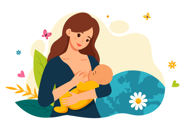母親が生まれたばかりの赤ちゃんに授乳する  イラスト