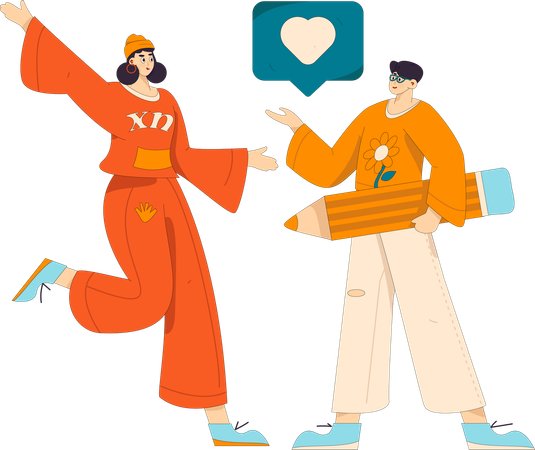 カップルがソーシャルメディアでロマンチックなメッセージを共有  イラスト
