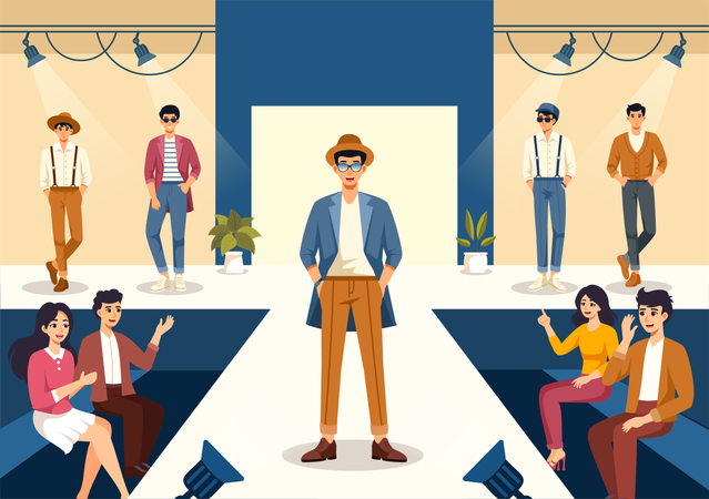 ファッションショーを歩く男性  イラスト