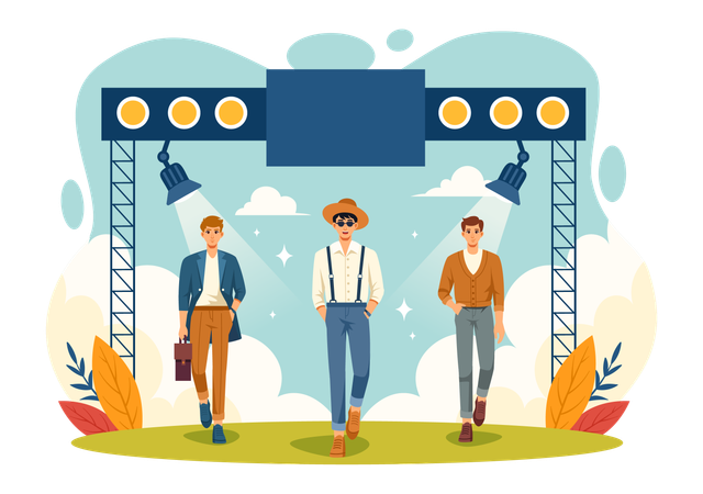 ファッションショーを歩く男性  イラスト