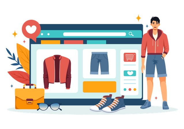 ファッションショーのためにオンラインショッピングをする男性  イラスト