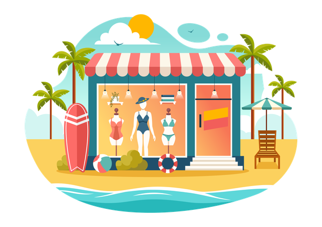 ビーチ沿いの水着ショップ  イラスト