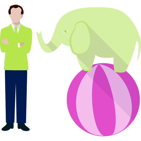 トレーナーの前でサッカーボールの上を歩く象  イラスト