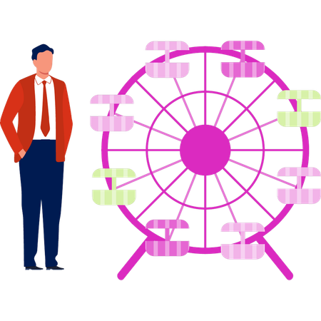 空の車輪が揺れているのを見ている少年  イラスト