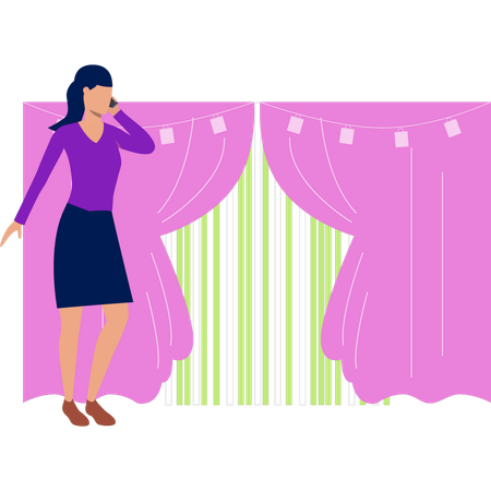 女の子がカーテンの前で誰かを呼んでいる  イラスト