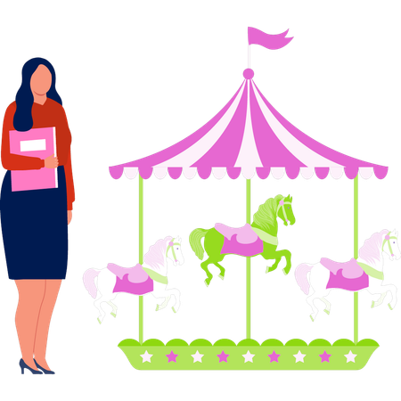 女の子が馬のサイクロンブランコの近くに立っている  イラスト