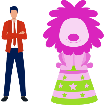 ライオンは調教師と一緒に小さなテーブルに座っている  イラスト