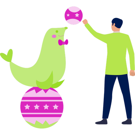 少年はイルカと遊んでいます  イラスト
