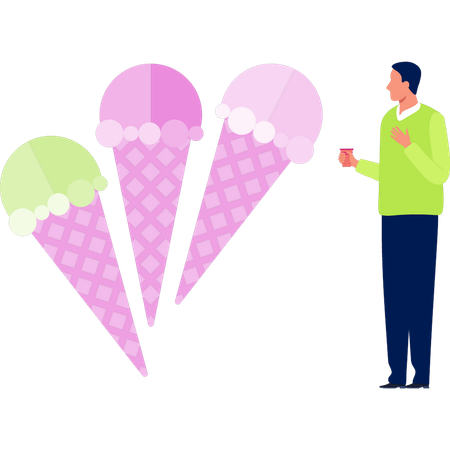 さまざまな種類のアイスクリームを食べている男の子  イラスト