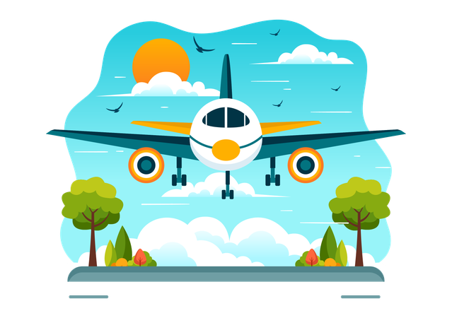 飛行機が滑走路に到着  イラスト