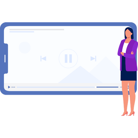 若い女性が携帯電話を回転させてビデオを鮮明に表示する  イラスト