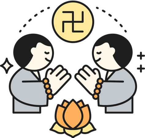 挨拶し合う仏教徒たち  イラスト
