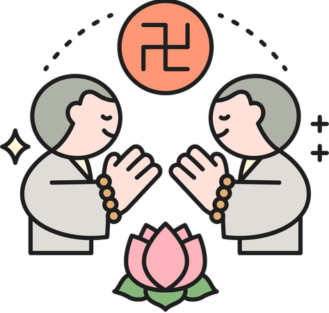 挨拶し合う仏教徒たち  イラスト