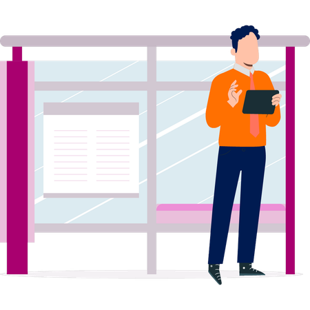 バス停に立っている少年  イラスト