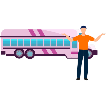 旅行用のバスを紹介する少年  イラスト