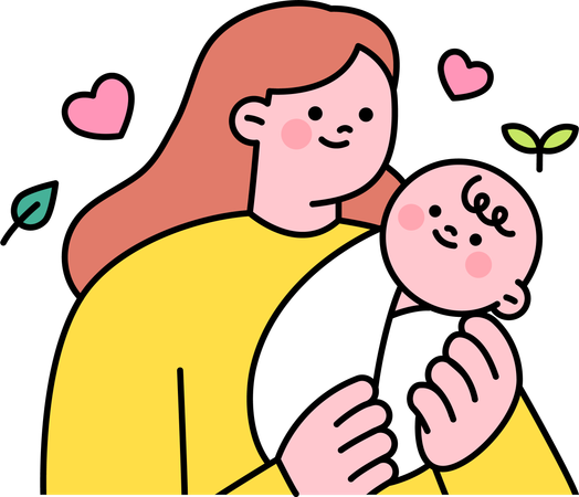 母親が生まれたばかりの赤ちゃんを世話する  イラスト