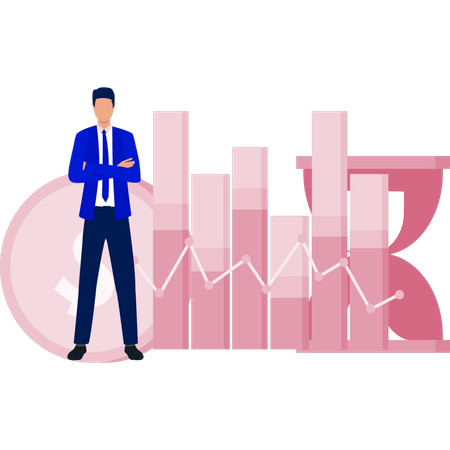 背後にビジネス分析の砂時計を見せる少年  イラスト