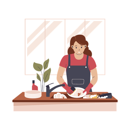 台所で汚れた食器を洗う母親  イラスト
