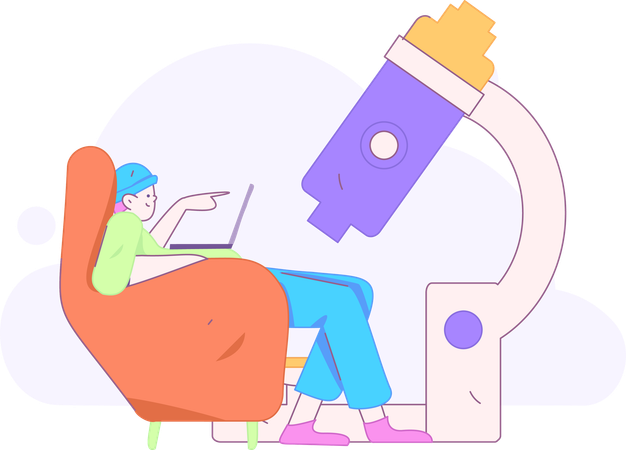 オンラインで科学の勉強をする少年  イラスト
