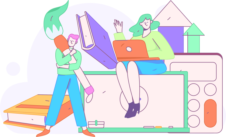 オンラインで勉強する女の子と絵筆を持った男性  イラスト
