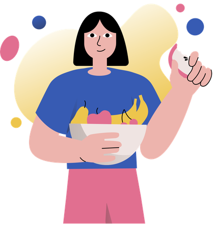 フルーツボウルから食べる女性  イラスト
