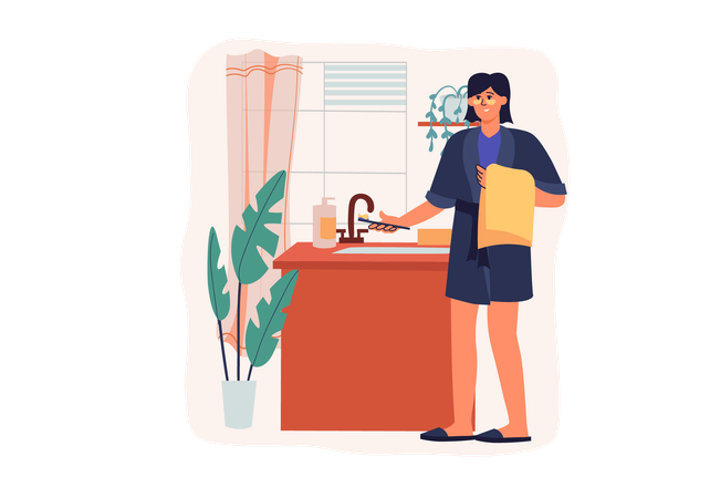 洗面所で歯を磨く女性  イラスト