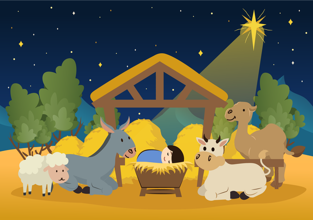 動物に囲まれた生まれたばかりの赤ちゃん  イラスト