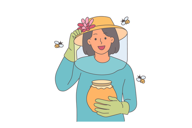 女性養蜂家が蜂蜜の瓶を持ち、飛んでいる蜂の間に立ち、皮膚を保護するためにネットと手袋を使用している。  イラスト
