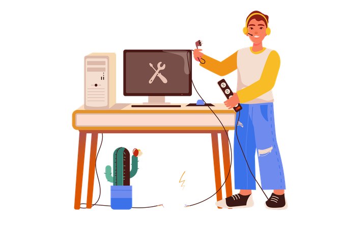 コンピューターを修理する男性技術者  イラスト