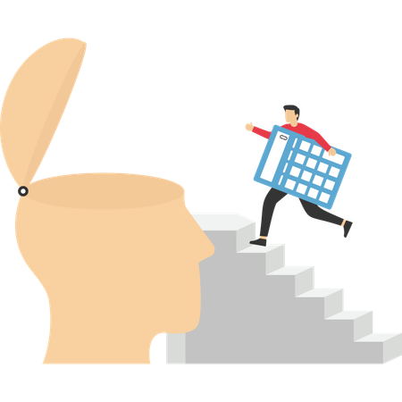 大きな頭の上に電卓を持ち、はしごを登るビジネスマン  イラスト