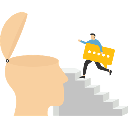 吹き出しを持ったビジネスマンが大きな頭の上に梯子を登る  イラスト