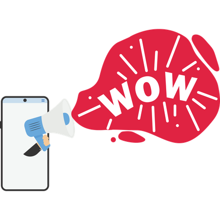 スピーカーを手に持ち、スピーカーに向かって「すごい」というメッセージを叫ぶ  イラスト