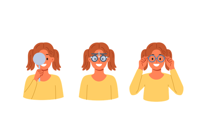 眼の問題を抱える少女のために眼科で視力検査と眼鏡の選択  イラスト