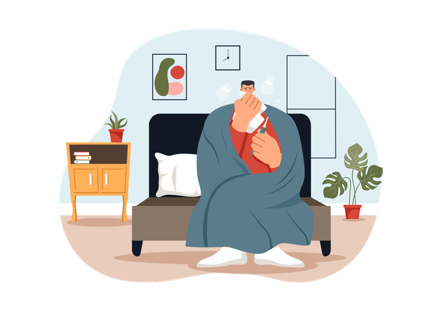 インフルエンザと発熱に苦しむ男性  イラスト