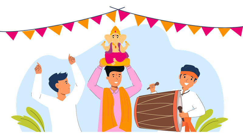 ガネーシャ・チャトゥルティを祝うインドの人々  イラスト
