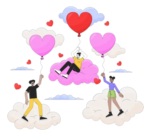 14 February Valentines Day 2 D Linear Illustration Concept Diverse People Cartoon Characters Isolated On White Heart Shaped Balloons Floating On Clouds Metaphor Abstract Flat Vector Outline Graphic Illustration