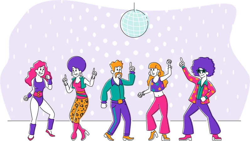 1980s Stylish Men and Women Characters Dance at Retro Disco Party in Night Club  Illustration