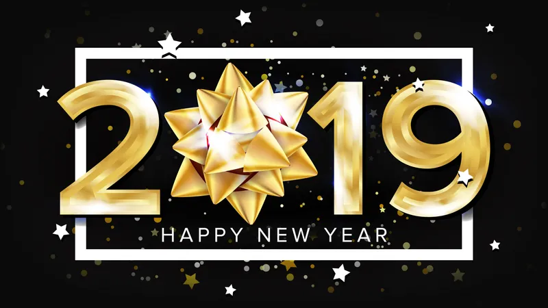 2019 Happy New Year Background Vector. Decoration Element. Beautiful Golden Gift Bow. Christmas. Illustration Illustration