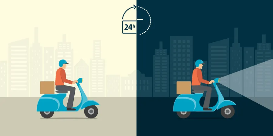 Delivery 24 Hour Concept Delivery Man Ride Scooter Motorcycle Service With All Day All Night Background Fast And Free Worldwide Shipping Vector Illustration Illustration