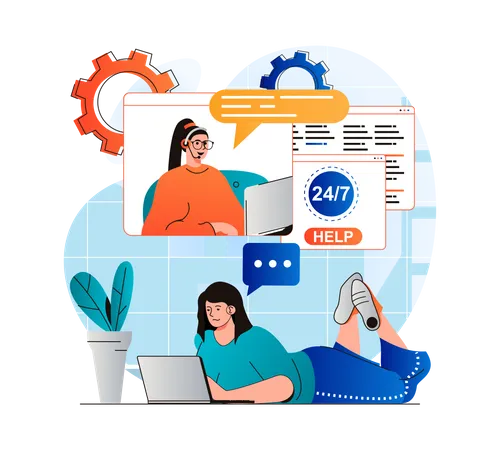 Customer Support Concept In Modern Flat Design Woman Contacted Support And Consults In Chat With Operator Consultant Helps To Solve Problem By Video Call Online Communication Vector Illustration Illustration