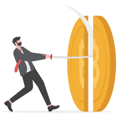 Businessman cut gold bitcoin with sword  Illustration