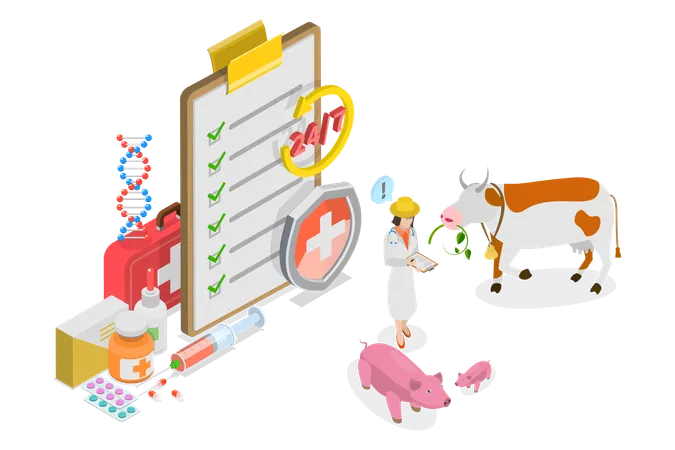 3D Isometric Flat Vector Illustration of Animal Husbandry Healthcare , Treatment and Vaccination  Illustration