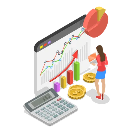 Isometrische 3D-Flachdarstellung von Budget und Finanzplanung. Punkt 1  Illustration