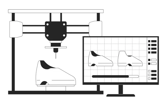 3 D Printing Footwear Black And White Cartoon Flat Illustration Shoes Modeling 2 D Lineart Object Isolated Additive Manufacturing Sneakers Rapid Prototyping Monochrome Scene Vector Outline Image Illustration