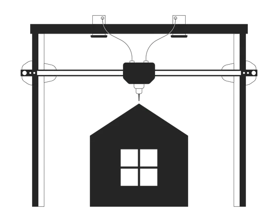 3 D Printing House Black And White Cartoon Flat Illustration 3 D Printed Home Building Technology 2 D Lineart Object Isolated Modular Architecture Wireframe Monochrome Scene Vector Outline Image Illustration