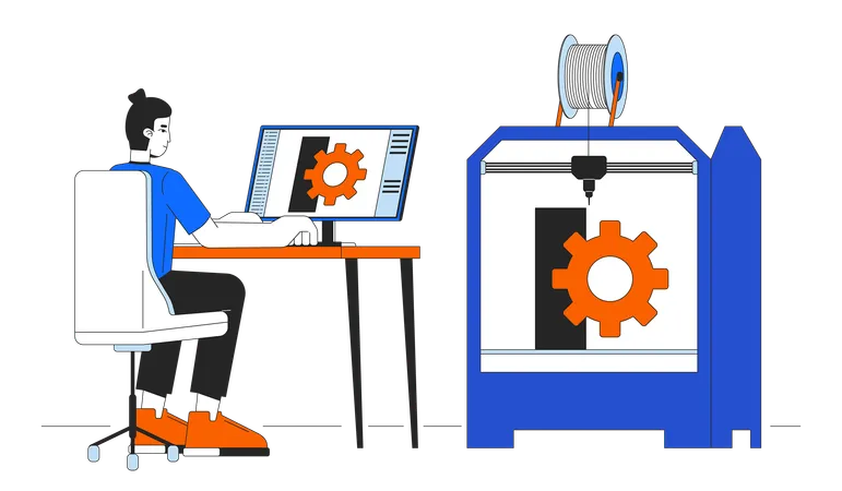 3 D Printing In Mechanical Engineering Line Cartoon Flat Illustration 3 D Printer Technician At Computer 2 D Lineart Character Isolated On White Background Rapid Prototyping Scene Vector Color Image イラスト